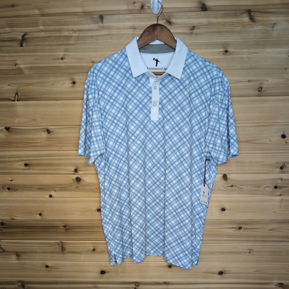 AndersonOrd Inlet Polo Endless Sky Blue White Plaid Golf Shirt Mens Large NWT